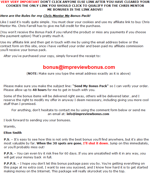 Chris Mentor Me Bonus Rules & Contact Info